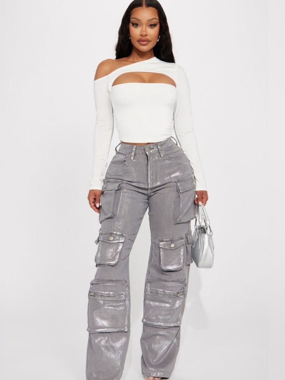 NWT Fashion Nova Time To Shine Foil Baggy Cargo Jeans Silver Metallic Size 9